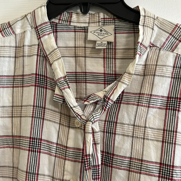 St Johns Bay Long Sleeve Top Button Up Beige with Red Plaid Size Medium - Picture 2 of 4